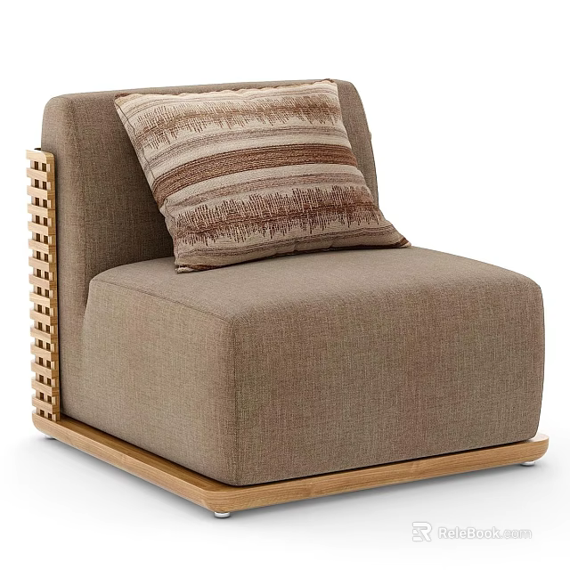 Comfortable Brown Fabric Single Sofa With Striped Pillow And Wooden Legs 3d model 