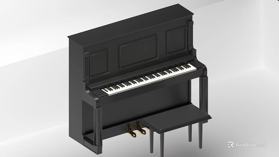 Black Upright Piano With Wooden Bench And Classic Keyboard Musical Instrument Design 3d model 