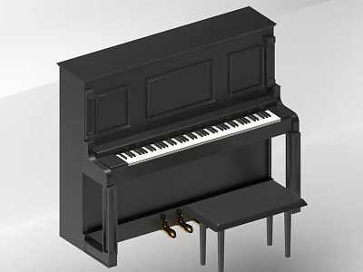 Black Upright Piano With Wooden Bench And Classic Keyboard Musical Instrument Design 3d model