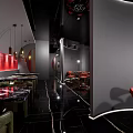 Luxurious Modern Restaurant Interior With Red Curved Decor Black Pillars And Wine Bar Counter