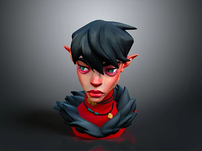 Fantasy Elf Character With Black Hair Red Eyes And Feather Collar In 3D Render 3d model