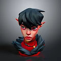 Fantasy Elf Character With Black Hair Red Eyes And Feather Collar In 3D Render