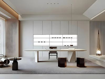 Modern Open Concept Tea Room Interior Design With Long Table Wooden Chairs And Storage Cabinets 3d model