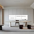 Modern Open Concept Tea Room Interior Design With Long Table Wooden Chairs And Storage Cabinets