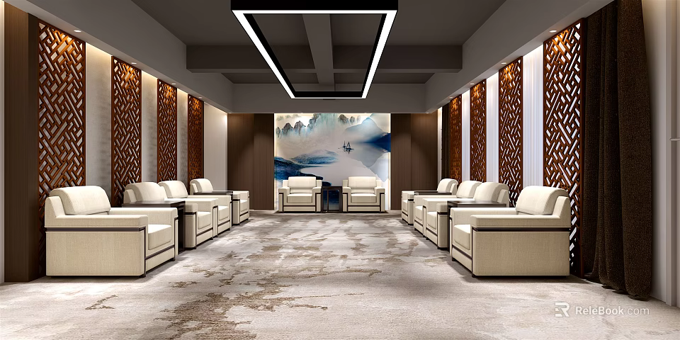 Hotel Public Lounge Featuring Beige Sofas Symmetrical Layout Landscape Painting Carved Partitions And Ceiling Lights 3d model 