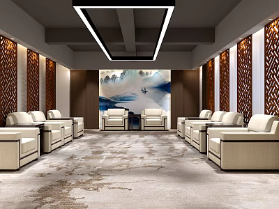 Hotel Public Lounge Featuring Beige Sofas Symmetrical Layout Landscape Painting Carved Partitions And Ceiling Lights 3d model