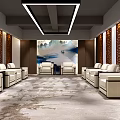 Hotel Public Lounge Featuring Beige Sofas Symmetrical Layout Landscape Painting Carved Partitions And Ceiling Lights