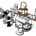 Various Tea Cups And Teapot Collection With Wooden Metal Display Racks