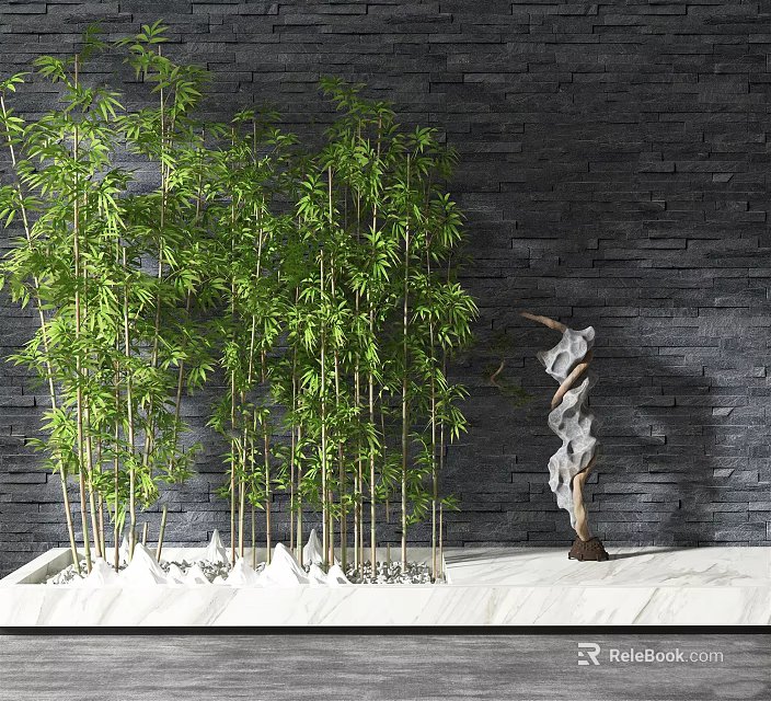 Bamboo Plants with Dark Stone Wall Background White Marble Base and Decorative Twisted Sculpture 3d model 