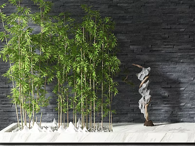 Bamboo Plants with Dark Stone Wall Background White Marble Base and Decorative Twisted Sculpture 3d model