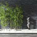 Bamboo Plants with Dark Stone Wall Background White Marble Base and Decorative Twisted Sculpture