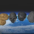 Four Different Meteorite Rocks Floating in Space Above Earth Surface