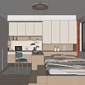 Modern Tatami Bedroom Interior With Writing Desk Computer Green Plant And White Cabinets