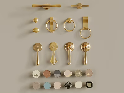 Various Gold Metal Drawer Handles With Different Shapes And Color Options 3d model