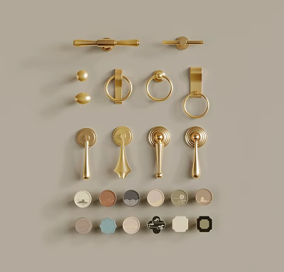 Various Gold Metal Drawer Handles With Different Shapes And Color Options 3d model