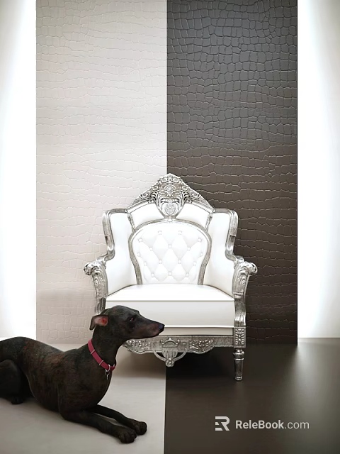 Elegant White Armchair with Silver Ornate Frame against Two Tone Textured Walls and Intricate Carvings 3d model 
