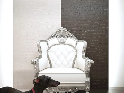 Elegant White Armchair with Silver Ornate Frame against Two Tone Textured Walls and Intricate Carvings 3d model