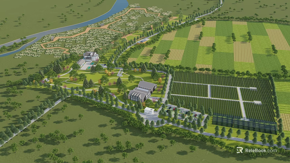 Garden Landscape Design With Green Fields Trees Buildings And River Paths 3d model 