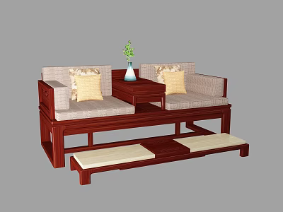 Traditional Chinese Luohan Bed with Mahogany Frame Cushions Pillows Side Table Vase and Footstools 3d model