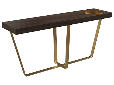 Elegant Modern Console Table With Dark Wooden Top Golden Metal Legs Circular Tray 3d model