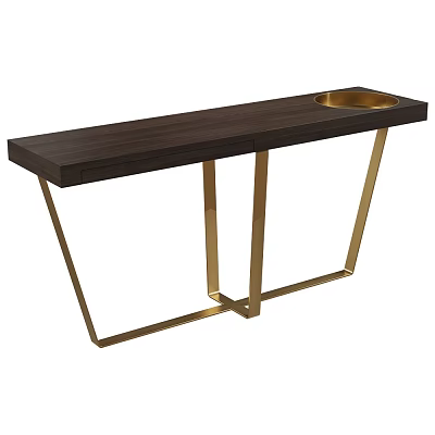 Elegant Modern Console Table With Dark Wooden Top Golden Metal Legs Circular Tray 3d model
