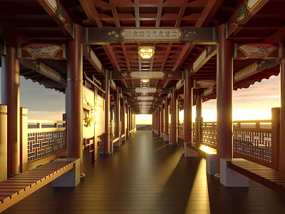 Traditional Chinese Garden Landscape Corridor With Red Pillars Wooden Structure Sunset Light And Bench 3d model
