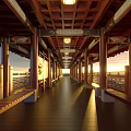 Traditional Chinese Garden Landscape Corridor With Red Pillars Wooden Structure Sunset Light And Bench