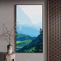 Scenic Landscape Painting Featuring Green Hillsides Layered Blue Mountains and Trees