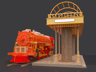 Red Steam Train At Vintage Station With Yellow Building And Brick Pillars On Tracks 3d model