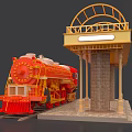 Red Steam Train At Vintage Station With Yellow Building And Brick Pillars On Tracks