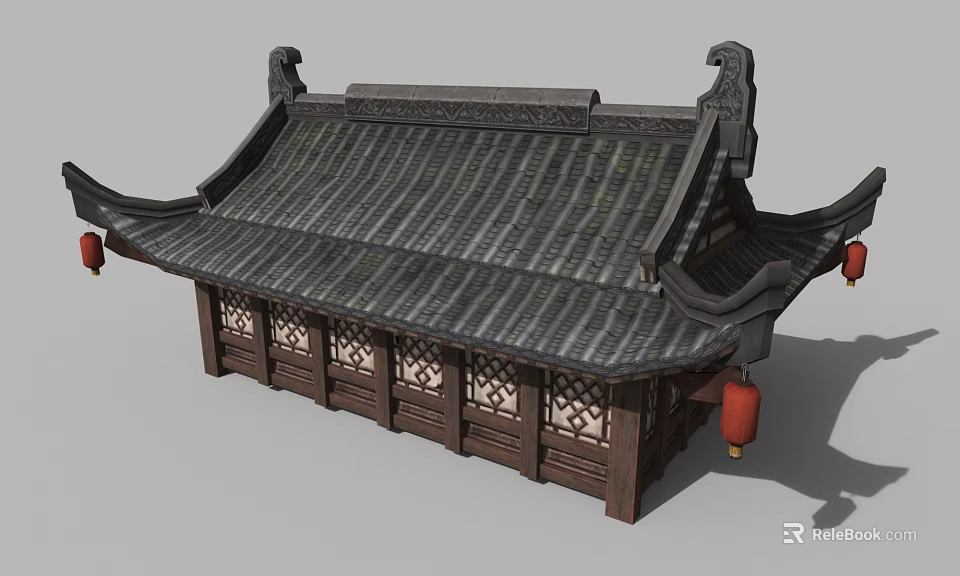 Cartoon Scene Of Traditional Chinese Architecture With Curved Roof And Red Lanterns 3d model 