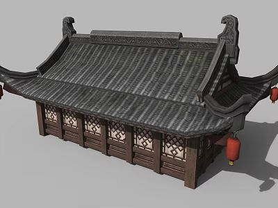 Cartoon Scene Of Traditional Chinese Architecture With Curved Roof And Red Lanterns 3d model
