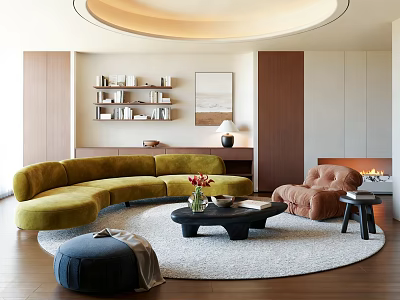 Modern Living Room Interior With Yellow Curved Sofa Brown Armchair Round Rug And Fireplace 3d model