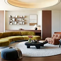 Modern Living Room Interior With Yellow Curved Sofa Brown Armchair Round Rug And Fireplace