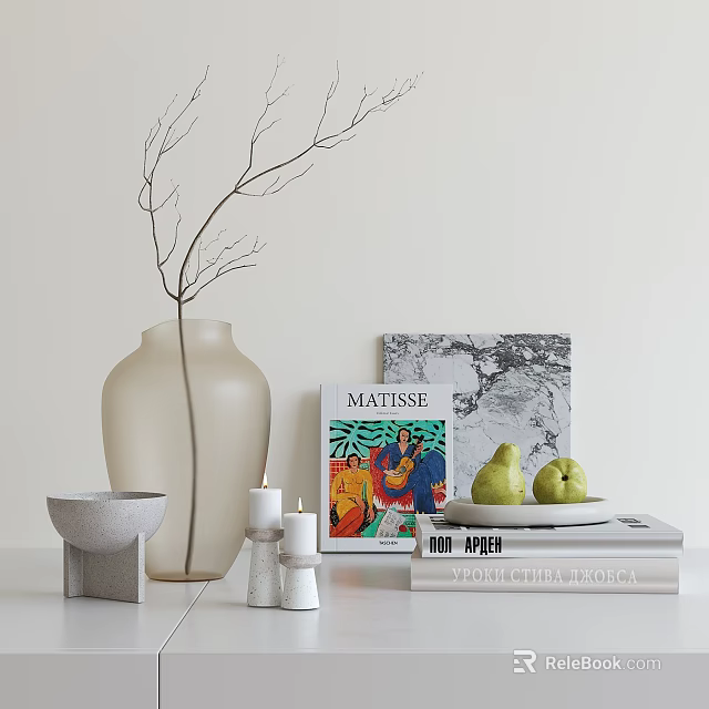 Decorative Ornaments Set with Clear Vase Twigs Candles Gray Bowl Books and Pears 3d model 