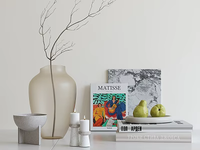 Decorative Ornaments Set with Clear Vase Twigs Candles Gray Bowl Books and Pears 3d model