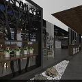 Modern Natural Restaurant Interior Design Featuring Tree Like Partitions Wooden Ceiling And Potted Plants