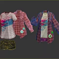 White T shirt with colorful graphic red plaid shirt and gray shorts casual clothing set