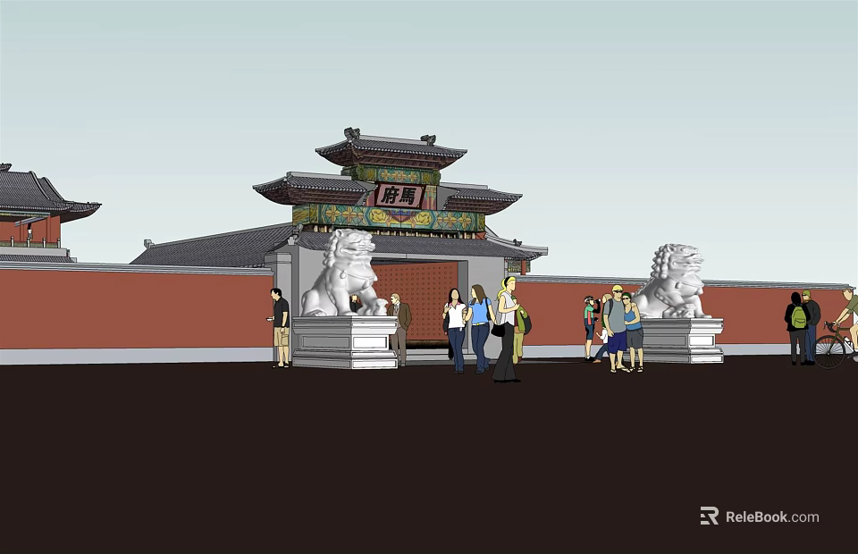 Traditional Chinese Ancient Entrance Gate With Classic Eaves Flanking Stone Lions And Ornate Plaque 3d model 