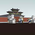 Traditional Chinese Ancient Entrance Gate With Classic Eaves Flanking Stone Lions And Ornate Plaque
