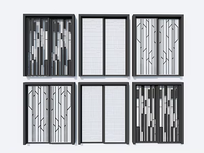Modern Sliding Doors with Various Designs Black Frames White Panels and Geometric Patterns 3d model