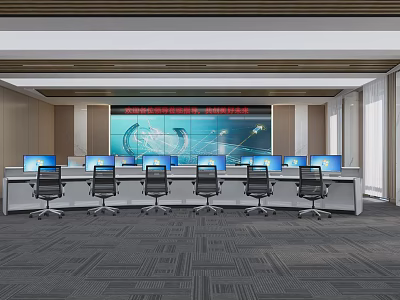 Modern Control Room Interior With Large Display Wall Multiple Monitors And Console Chairs 3d model