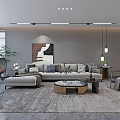 Modern Living Dining Room Interior With TV Wall Sofa Coffee Table And Pendant Lights