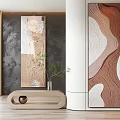 Vertical Abstract Paintings On Grey White Walls With Wooden Cabinet Green Plants And City View