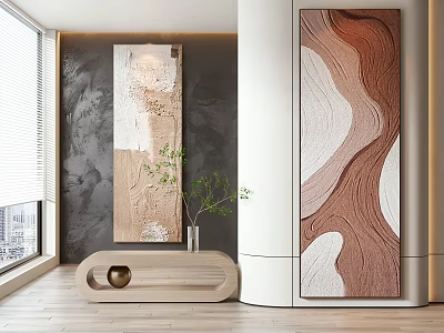 Vertical Abstract Paintings On Grey White Walls With Wooden Cabinet Green Plants And City View 3d model