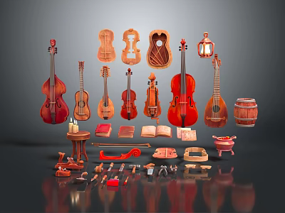 Collection Of Musical Instruments And Art Supplies Including Violins Guitars Paints Brushes And Tools 3d model