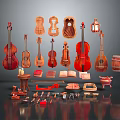 Collection Of Musical Instruments And Art Supplies Including Violins Guitars Paints Brushes And Tools