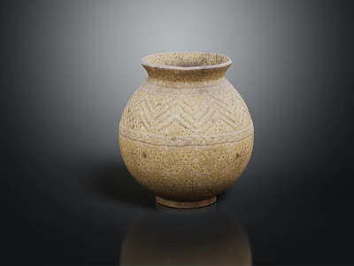 Ancient Clay Vase With Woven Pattern On Dark Reflective Background 3d model