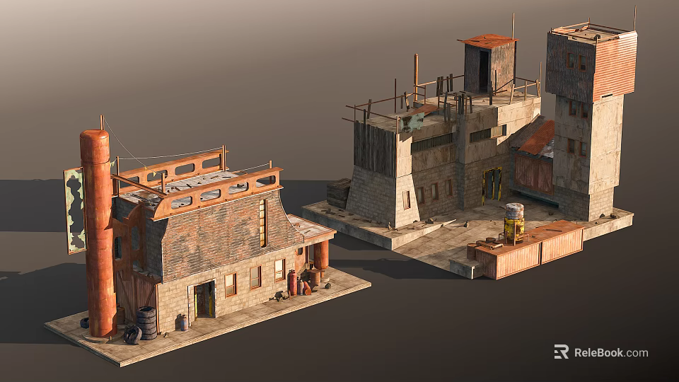 Abandoned Factory Building Components 3D Model With Brick Walls Chimney Rusty Roof And Scaffolding 3d model 