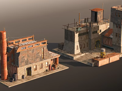Abandoned Factory Building Components 3D Model With Brick Walls Chimney Rusty Roof And Scaffolding 3d model